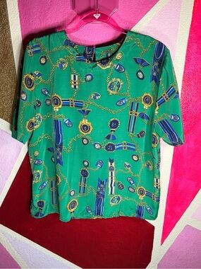 Sara Stephen Vintage Green Medal Chain Print Blouse Size L Equestrian
